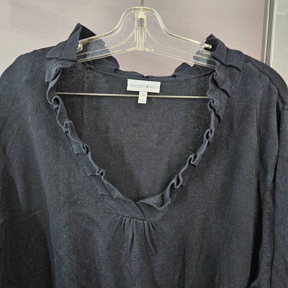 Women Sweater Top Shirt Plus 4X Black Ruffle Pull Over Thin V Neck Long Sleeve - Picture 2 of 8